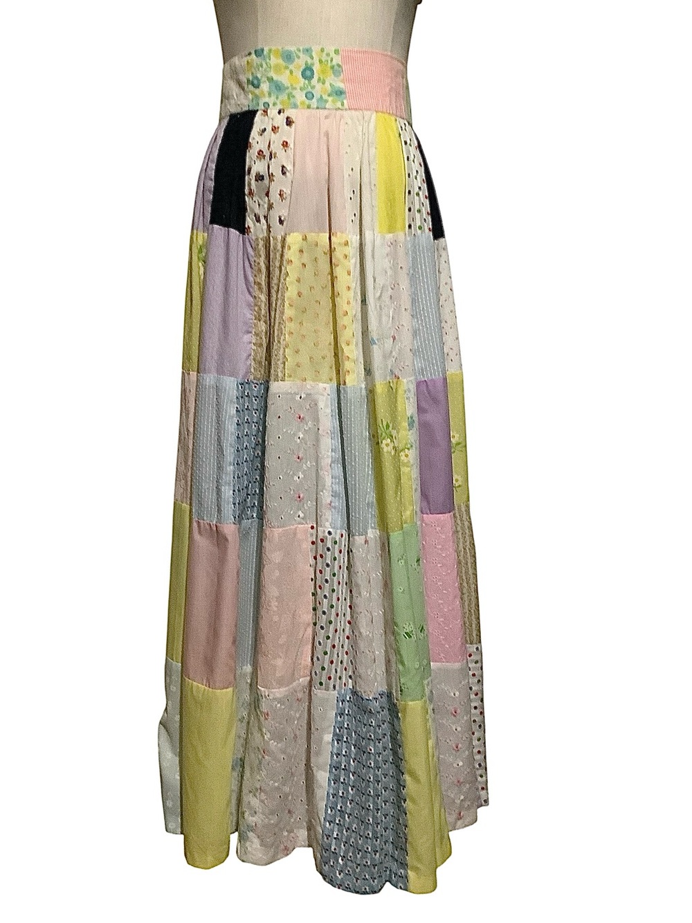 Vintage 70s Handmade High Waisted Pastel Patchwork Maxi Skirt Bohemian Hippie